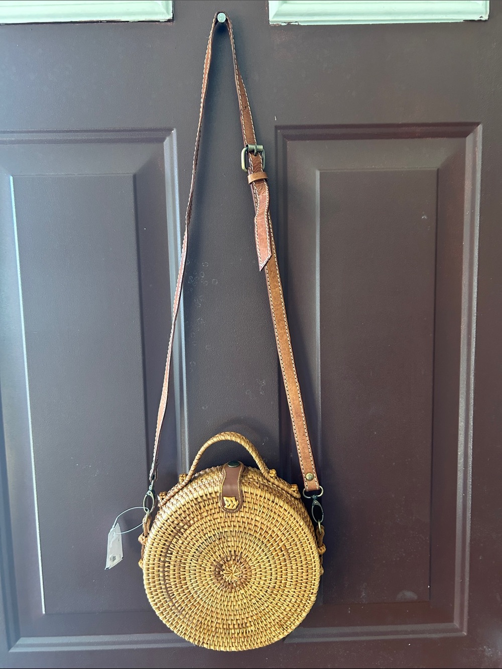 Woven Round Straw Crossbody Bag with Brown Leather Strap - Picture 3 of 6